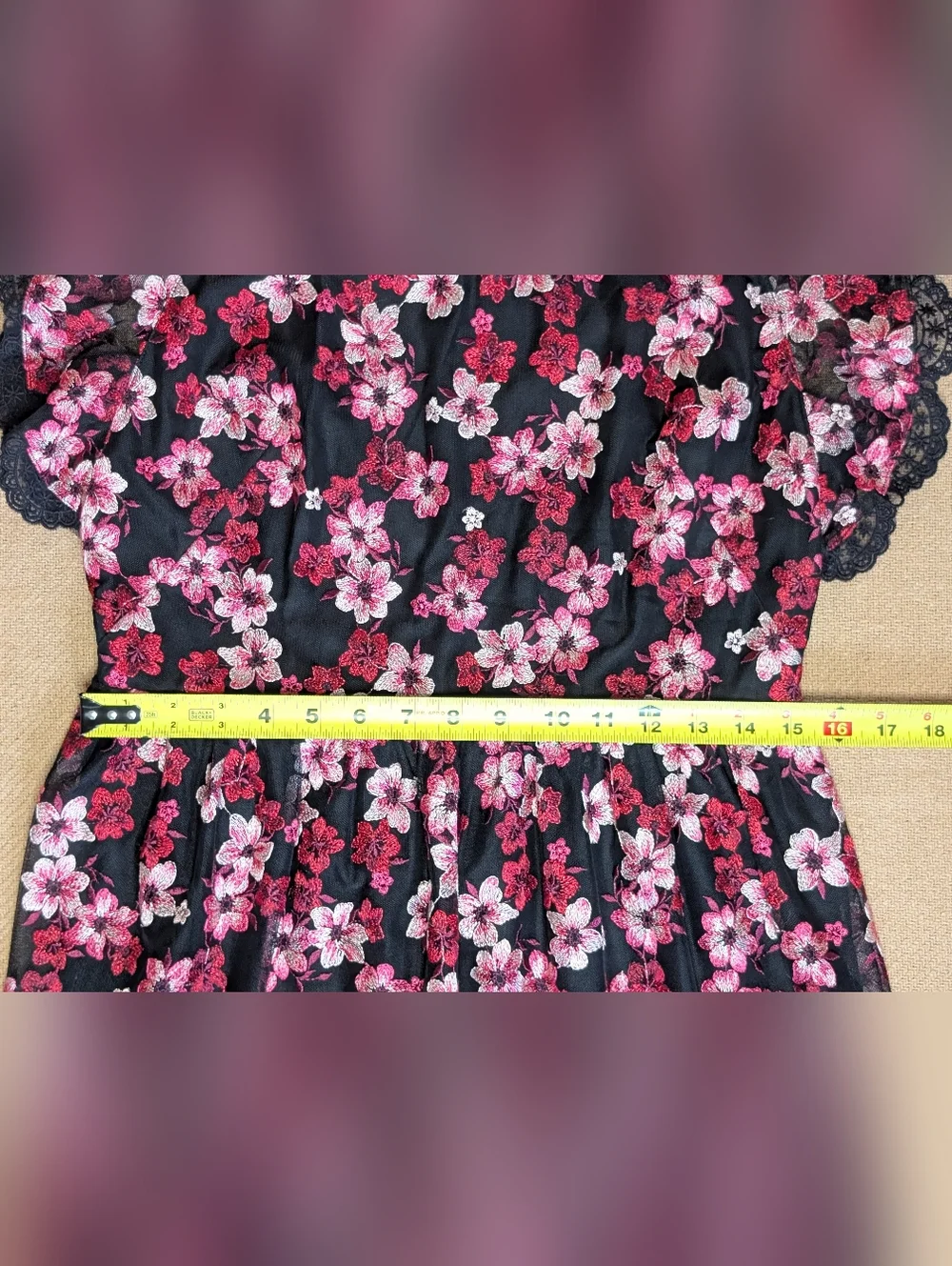 Kate Spade Black and Pink Floral Embroidered Tulle Flutter Sleeve Mini Dress